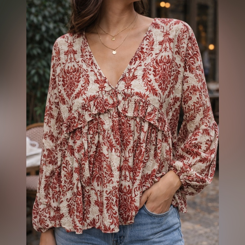 Entro Red and Cream Blouse
